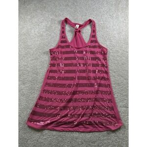 No Boundaries Tank Top‎ Womens Medium Pink Sequin Stripe Racerback Knot Fuchsia